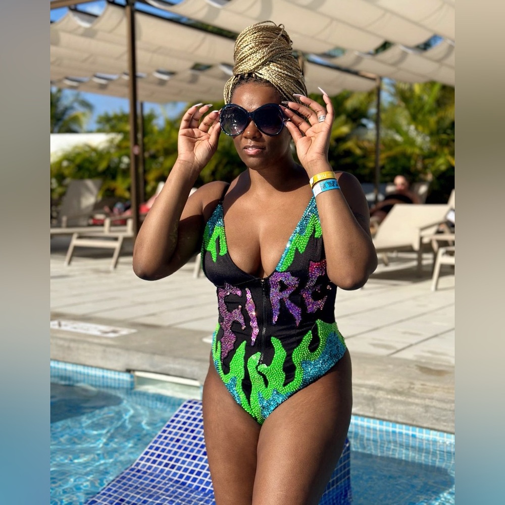 Di$count univer$e swimsuit “fire” sequins design